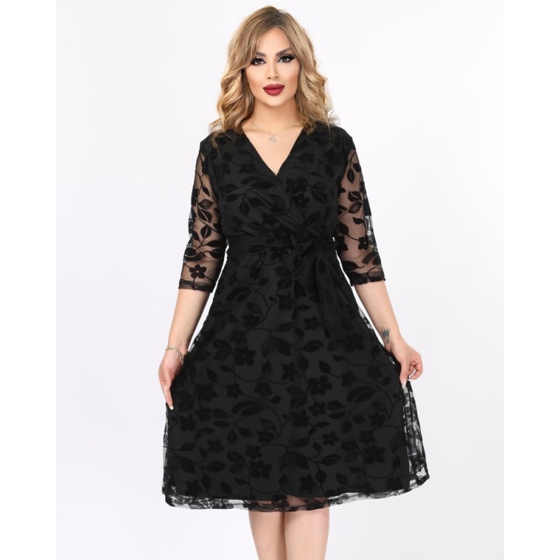 Rochie Alma, eleganta, cu broderie catifelata, culoare negru, cu decolteu in V 1452