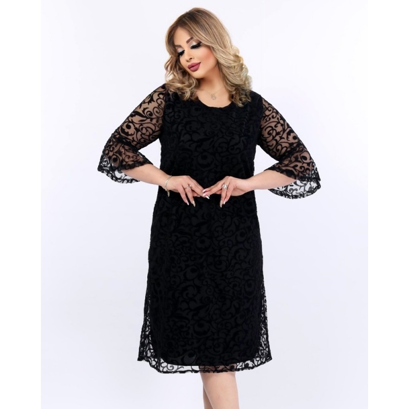 Rochie Carla, eleganta, cu broderie catifelata, culoare negru, cu decolteu rotund 1455