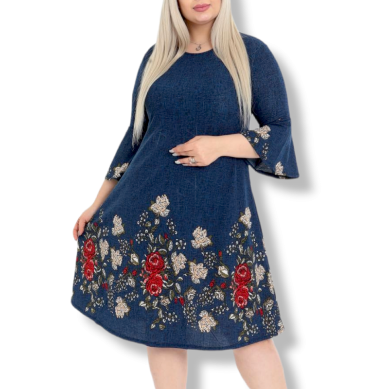 Rochie Ema, culoare albastru-blug, model floral, de zi 1408