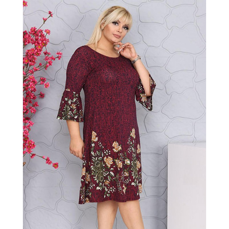 Rochie Violeta, culoare grena, model floral, de zi, maneca 3/4 1409